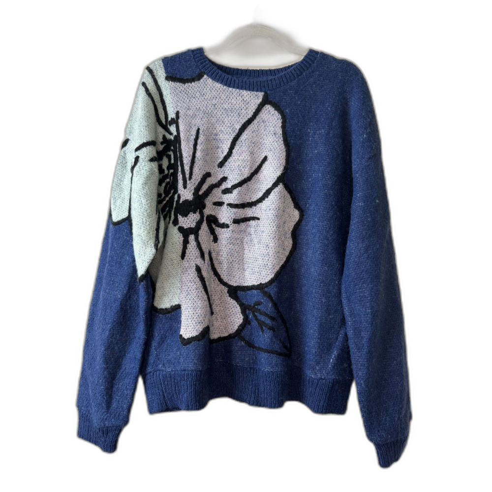 Anthropologie HWR Monogram women's size small S wool blend blue flower sweater